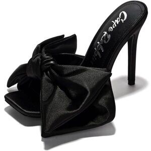 Women's All Black Bow Slip On Square Toe Hight Heeled Heels Sandals Shoes